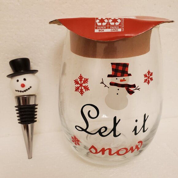 NWT Holiday Time 19oz Stemless "Let It Snow" Wine Glass w/Snowman Bottle Stopper - Picture 2 of 6